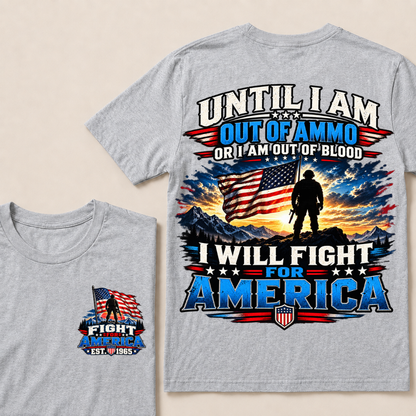 Custom EST Year Patriotic Warrior Tee | Mountain Sunset USA Flag Soldier Double Sided Print Fight For America Mens T-Shirt