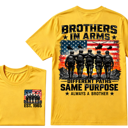 Custom Year Brothers In Arms Veteran Tee | US Soldiers USA Flag Helicopter Double Sided Print Mens Military Graphic T-Shirt