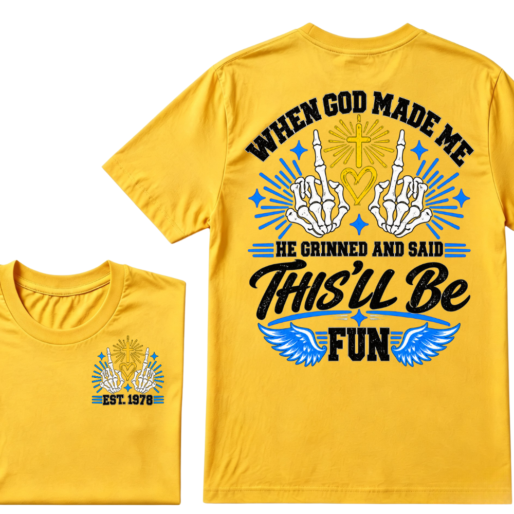 Custom Year Skeleton Hands Faith Tee | When God Made Me Cross Heart Wings Double Sided Print Mens Graphic T-Shirt