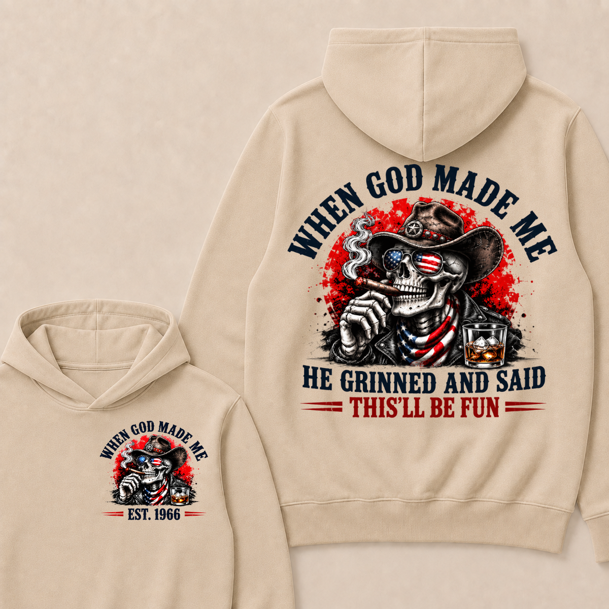 Custom EST Year When God Made Me He Grinned And Said This'll Be Fun American Cowboy Skull Double Sided Hoodie