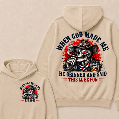 Custom EST Year When God Made Me He Grinned And Said This'll Be Fun American Cowboy Skull Double Sided Hoodie
