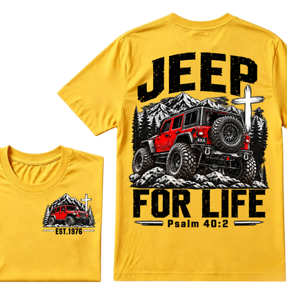 Custom EST Year Jeep For Life Psalm 40:2 Red 4X4 Offroad Mountain Cross Double Sided T-Shirt