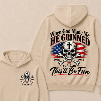 Custom EST Year When God Made Me He Grinned And Said This'll Be Fun American Flag Cross Skull Double Sided Hoodie