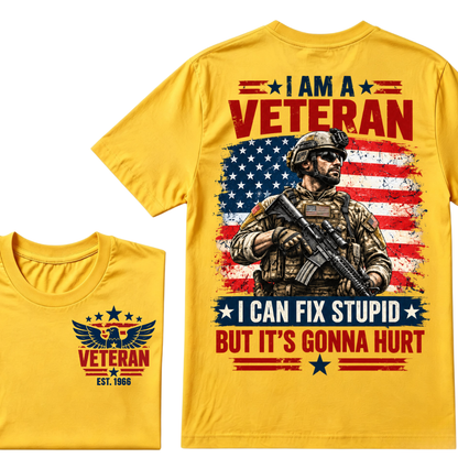 Custom EST Year I Am A Veteran I Can Fix Stupid But It's Gonna Hurt American Flag Soldier Double Sided T-Shirt