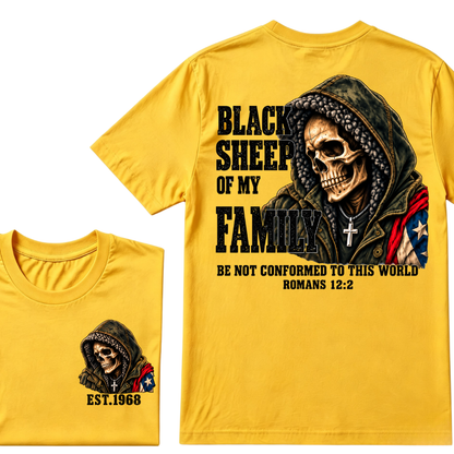 lack Sheep Of My Family Romans 12:2 Bible Verse Skull Hooded EAT.Year T-Shirt, Christian Patriotic Tee