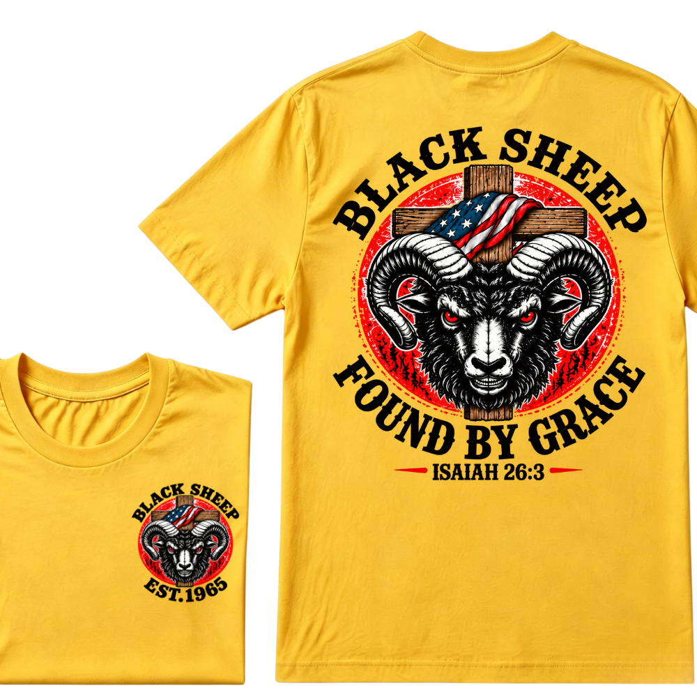 Custom Year Black Sheep Faith Tee | Found By Grace Cross USA Flag Isaiah 26:3 Double Sided Print Mens Graphic T-Shirt