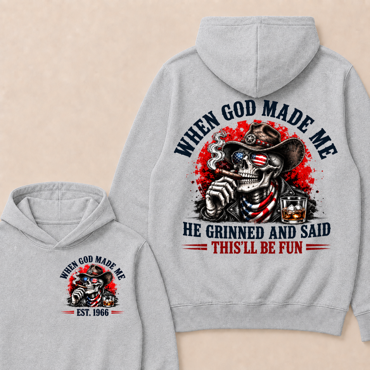Custom EST Year When God Made Me He Grinned And Said This'll Be Fun American Cowboy Skull Double Sided Hoodie