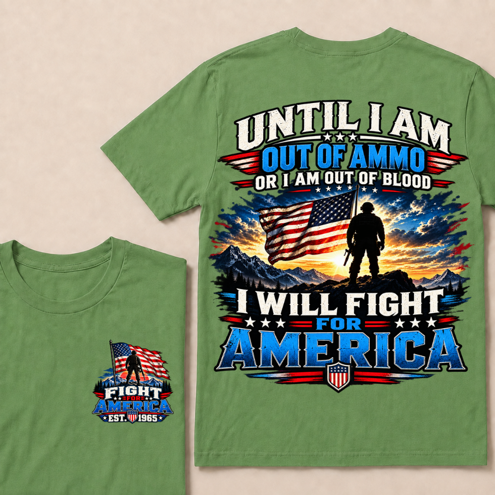 Custom EST Year Patriotic Warrior Tee | Mountain Sunset USA Flag Soldier Double Sided Print Fight For America Mens T-Shirt