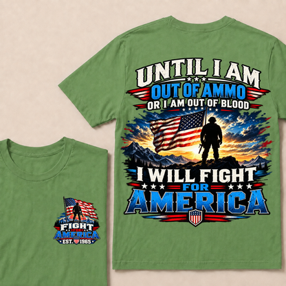 Custom EST Year Patriotic Warrior Tee | Mountain Sunset USA Flag Soldier Double Sided Print Fight For America Mens T-Shirt