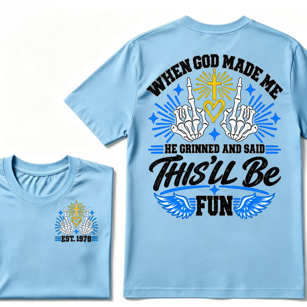 Custom Year Skeleton Hands Faith Tee | When God Made Me Cross Heart Wings Double Sided Print Mens Graphic T-Shirt