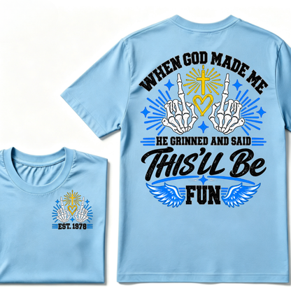 Custom Year Skeleton Hands Faith Tee | When God Made Me Cross Heart Wings Double Sided Print Mens Graphic T-Shirt