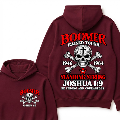 Custom Year Boomer Christian Hoodie | Raised Tough Skull Crossbones Joshua 1:9 Double Sided Print Hooded Sweatshirt Gift