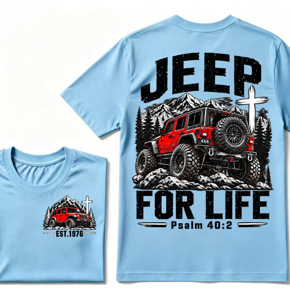 Custom EST Year Jeep For Life Psalm 40:2 Red 4X4 Offroad Mountain Cross Double Sided T-Shirt