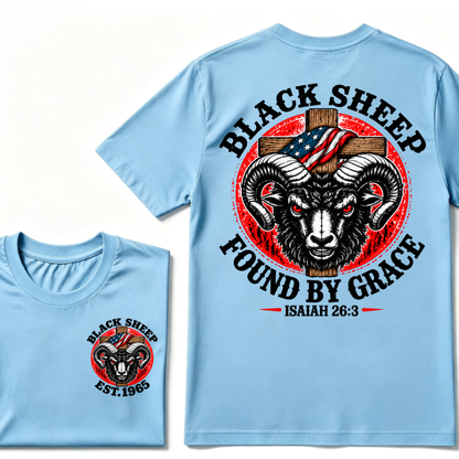 Custom Year Black Sheep Faith Tee | Found By Grace Cross USA Flag Isaiah 26:3 Double Sided Print Mens Graphic T-Shirt