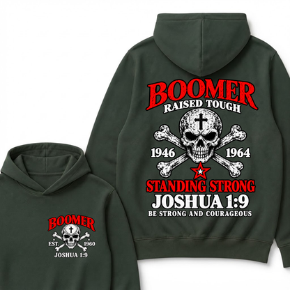 Custom Year Boomer Christian Hoodie | Raised Tough Skull Crossbones Joshua 1:9 Double Sided Print Hooded Sweatshirt Gift