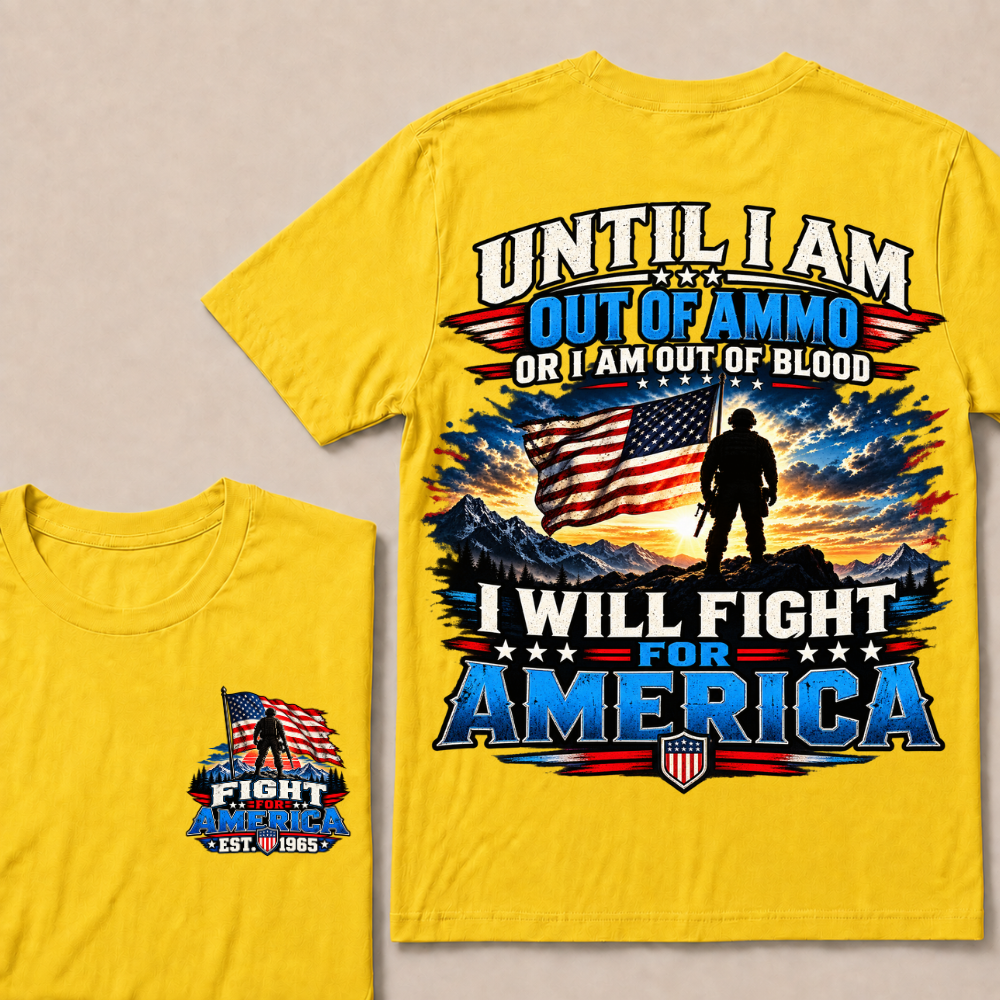 Custom EST Year Patriotic Warrior Tee | Mountain Sunset USA Flag Soldier Double Sided Print Fight For America Mens T-Shirt