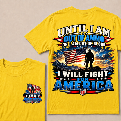 Custom EST Year Patriotic Warrior Tee | Mountain Sunset USA Flag Soldier Double Sided Print Fight For America Mens T-Shirt