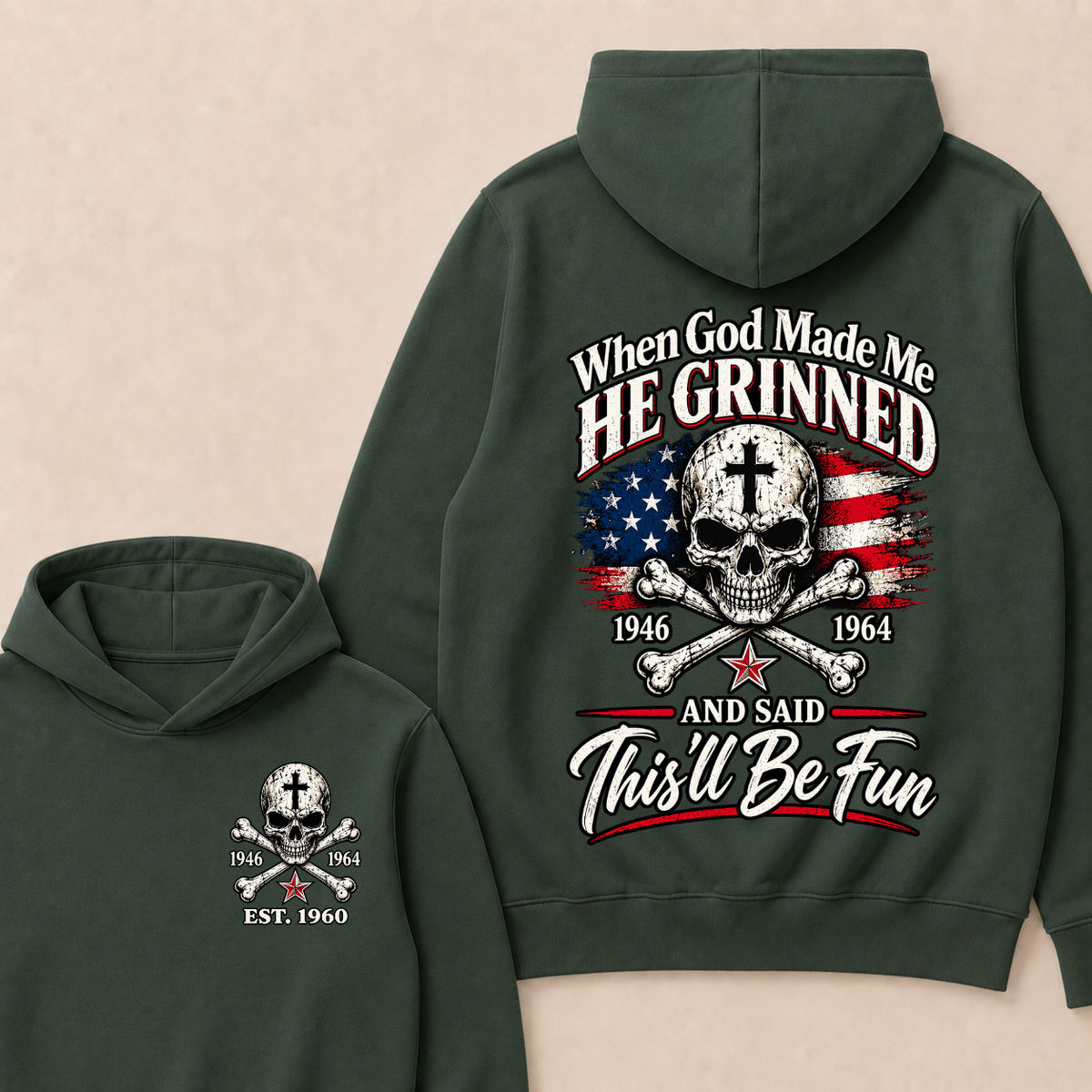 Custom EST Year When God Made Me He Grinned And Said This'll Be Fun American Flag Cross Skull Double Sided Hoodie