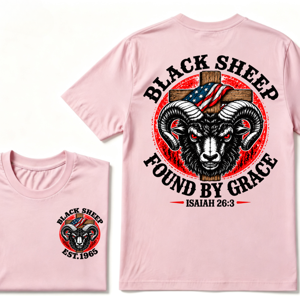 Custom Year Black Sheep Faith Tee | Found By Grace Cross USA Flag Isaiah 26:3 Double Sided Print Mens Graphic T-Shirt