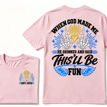 Custom Year Skeleton Hands Faith Tee | When God Made Me Cross Heart Wings Double Sided Print Mens Graphic T-Shirt