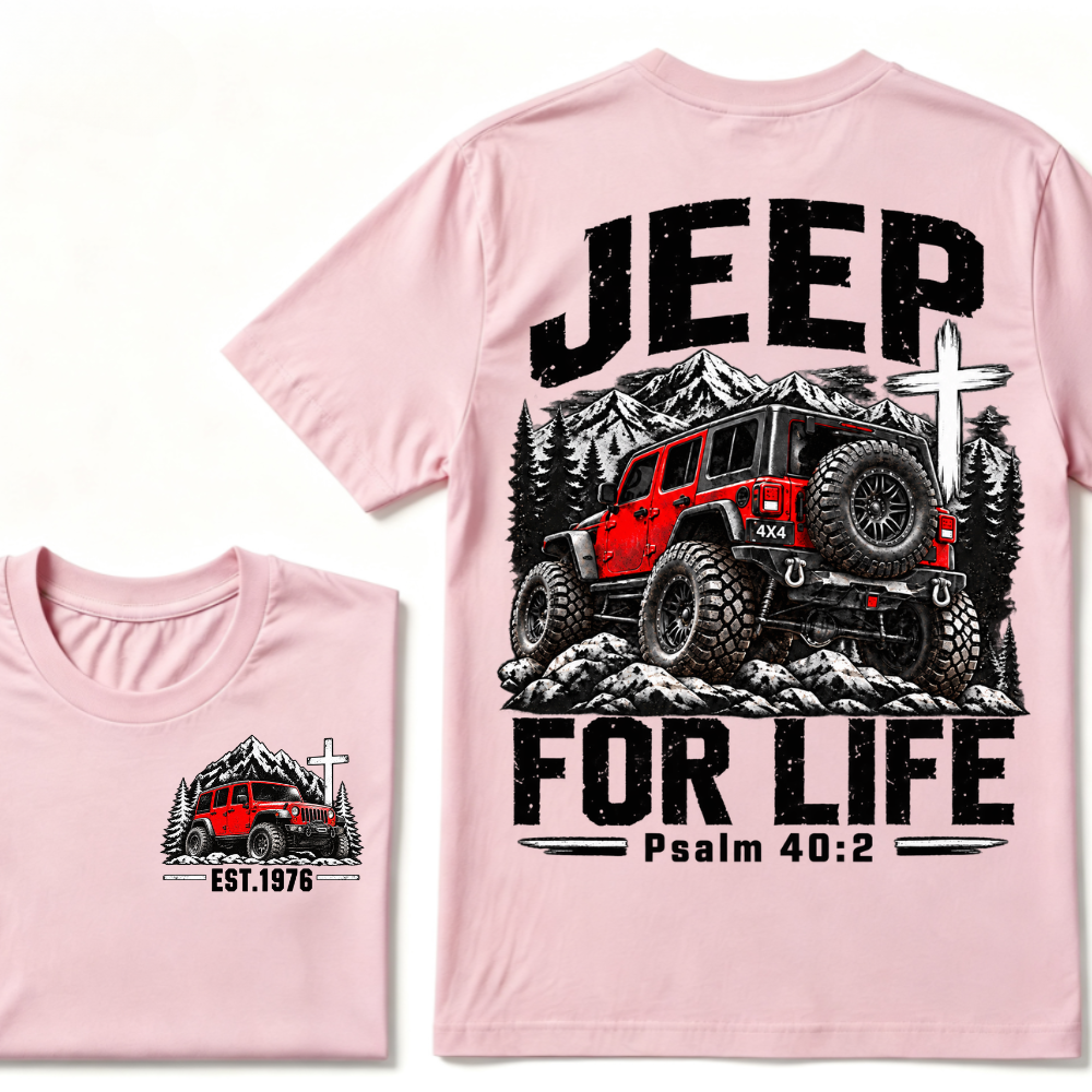 Custom EST Year Jeep For Life Psalm 40:2 Red 4X4 Offroad Mountain Cross Double Sided T-Shirt