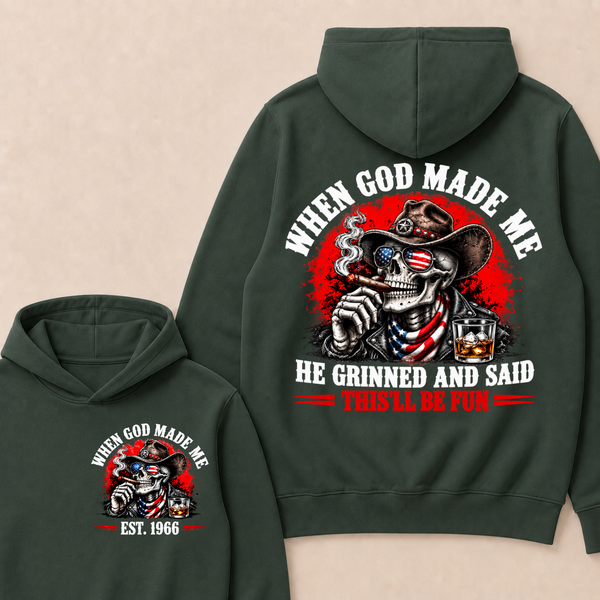 Custom EST Year When God Made Me He Grinned And Said This'll Be Fun American Cowboy Skull Double Sided Hoodie