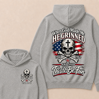 Custom EST Year When God Made Me He Grinned And Said This'll Be Fun American Flag Cross Skull Double Sided Hoodie