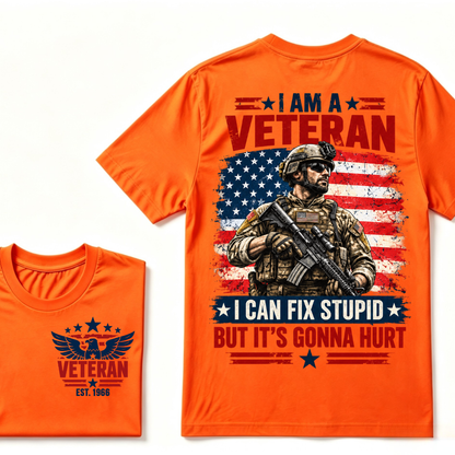 Custom EST Year I Am A Veteran I Can Fix Stupid But It's Gonna Hurt American Flag Soldier Double Sided T-Shirt