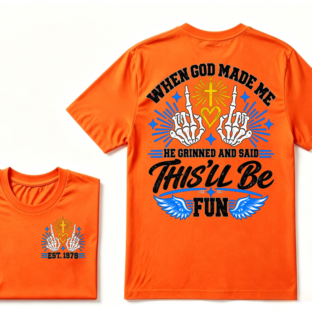 Custom Year Skeleton Hands Faith Tee | When God Made Me Cross Heart Wings Double Sided Print Mens Graphic T-Shirt