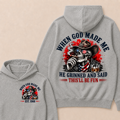 Custom EST Year When God Made Me He Grinned And Said This'll Be Fun American Cowboy Skull Double Sided Hoodie