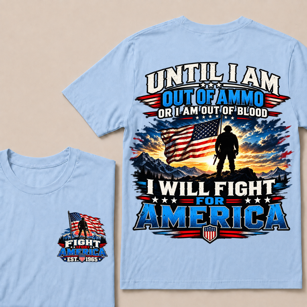 Custom EST Year Patriotic Warrior Tee | Mountain Sunset USA Flag Soldier Double Sided Print Fight For America Mens T-Shirt