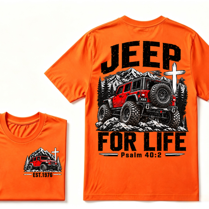 Custom EST Year Jeep For Life Psalm 40:2 Red 4X4 Offroad Mountain Cross Double Sided T-Shirt