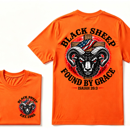 Custom Year Black Sheep Faith Tee | Found By Grace Cross USA Flag Isaiah 26:3 Double Sided Print Mens Graphic T-Shirt